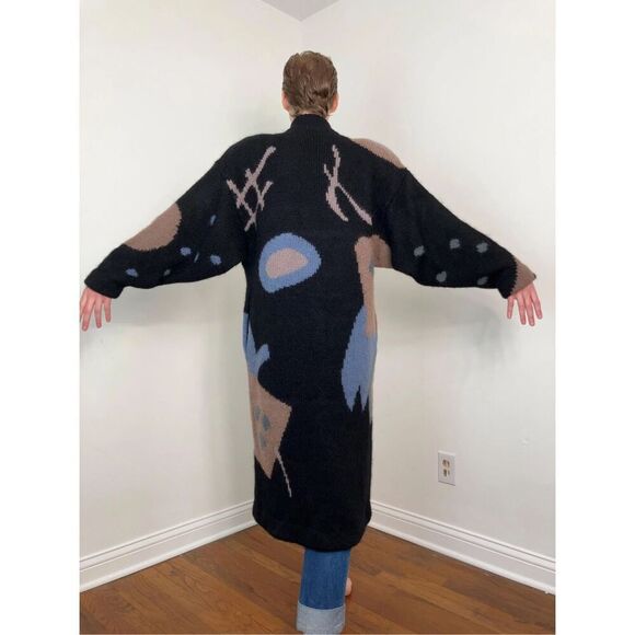 SEGUE Unisex Vintage 80s Wool Blend Abstract Button Down Duster Cardigan Sweater - Picture 11 of 12